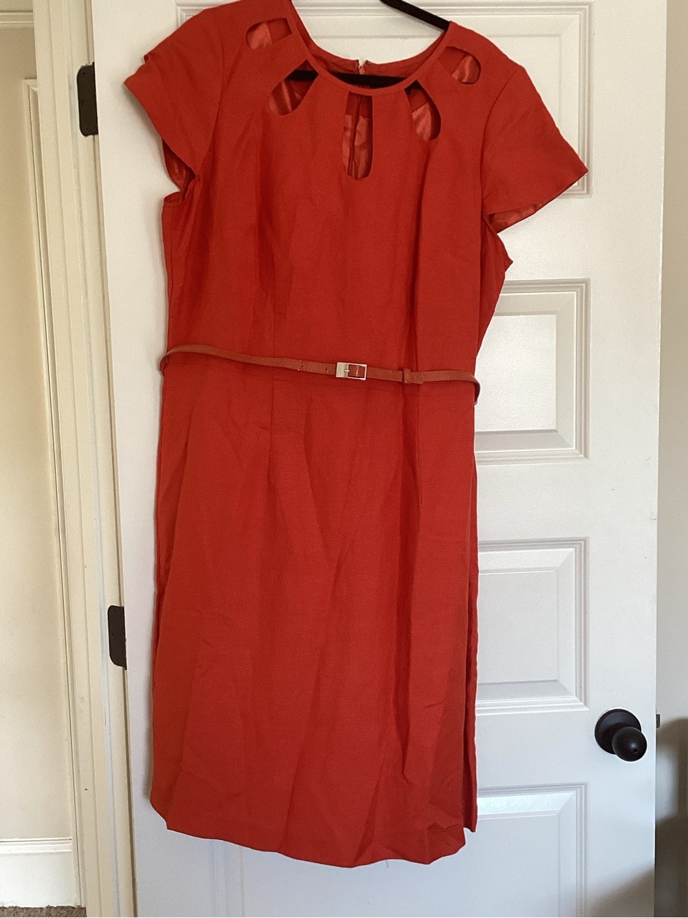 Ashley Stewart Red Cutout Cap Sleeve Dress with Tan Belt EUC